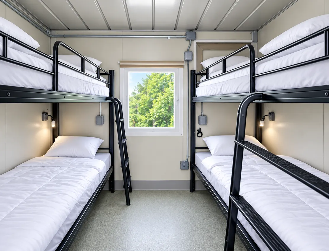 Bunk-style sleeping accommodation inside a temporary sleeper unit